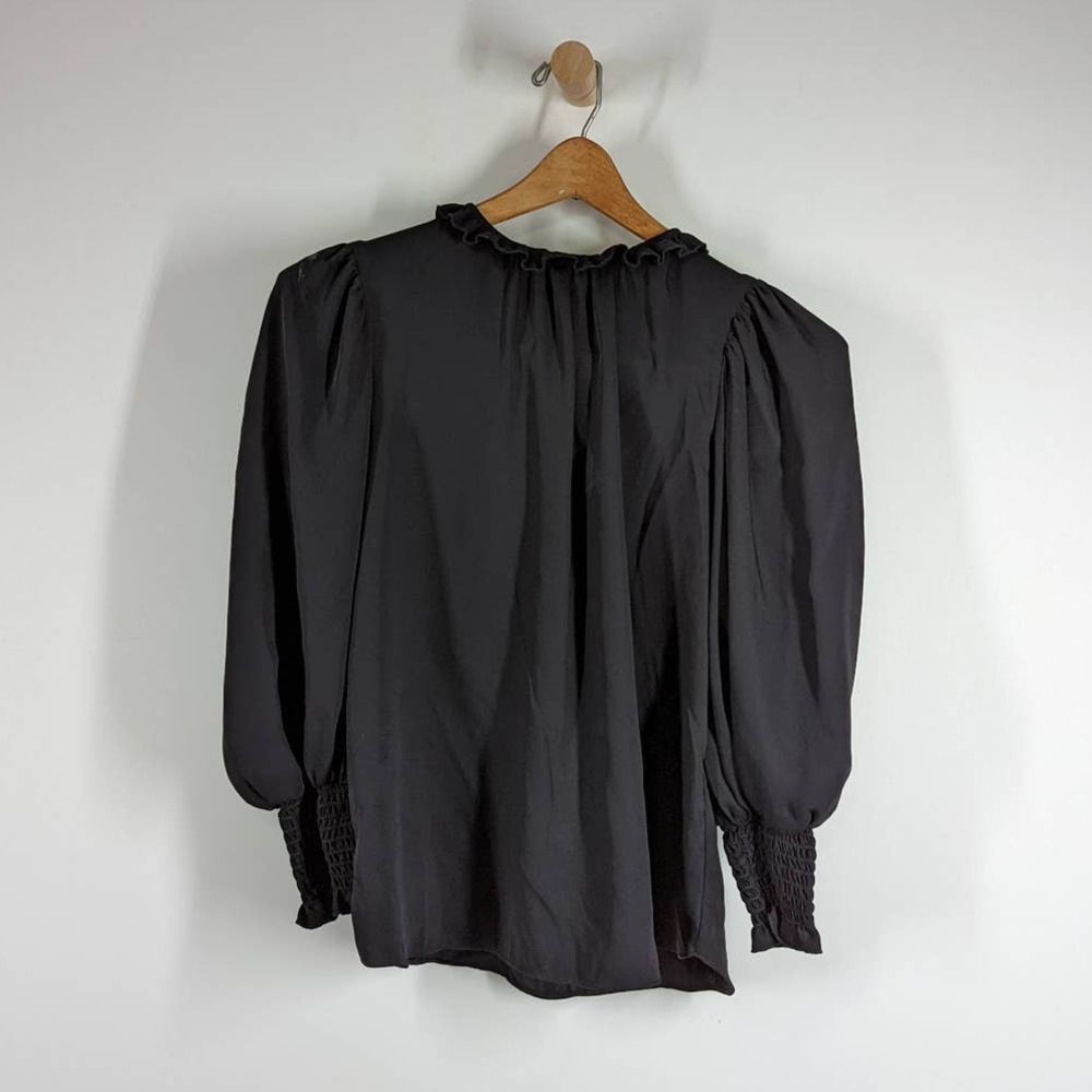 Amanda Uprichard Black Ruffle Crew Neck Balloon Sleeve Blouse Size Petite FLAWS